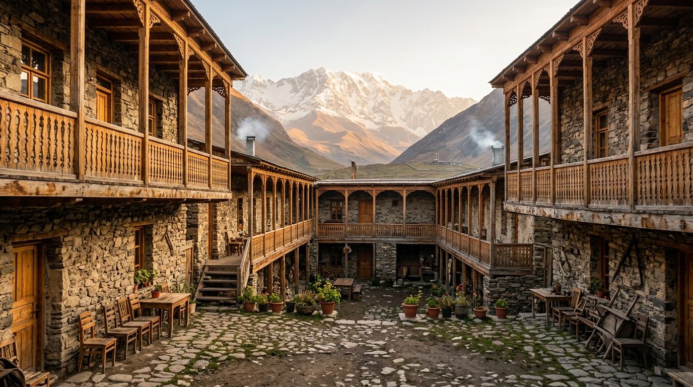 Traditional guesthouse courtyard in the Georgian highlands